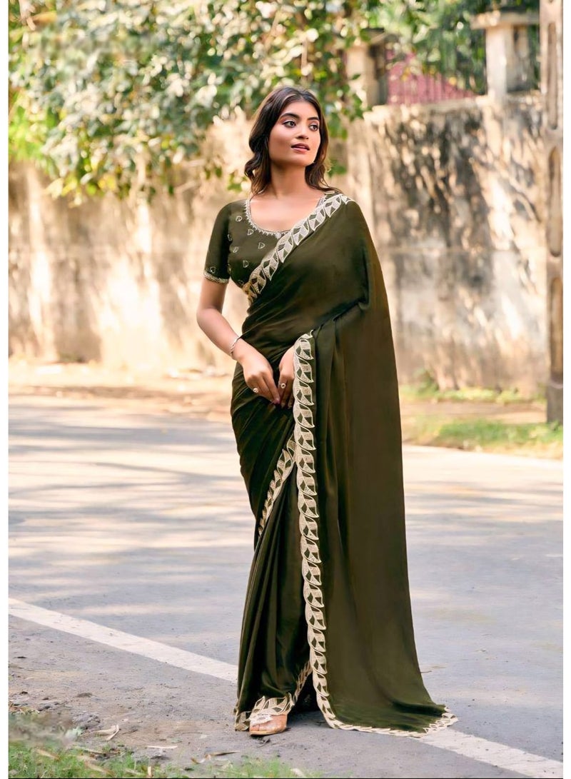 Grab Mantra Olive Green Satin Chiffon Saree Having Leaf Shape Jercon Border Plus Unstitch Blouse - Image 1